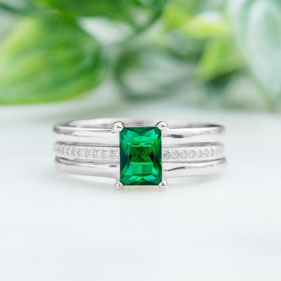 Emerald Green 2 Piece Ring set, real 925 Sterling Silver Charmed Aroma - Picture 3 of 4